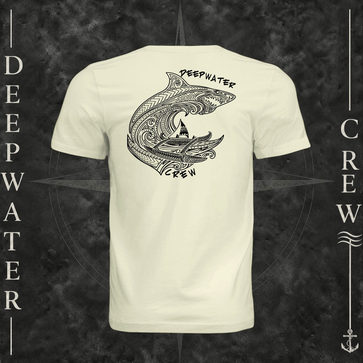Natural Deepwater Crew Co. Deepwater Passage crewneck T-shirt, back view with large patterned shark, outrigger canoe and ocean wave graphic with Deepwater Crew lettering.