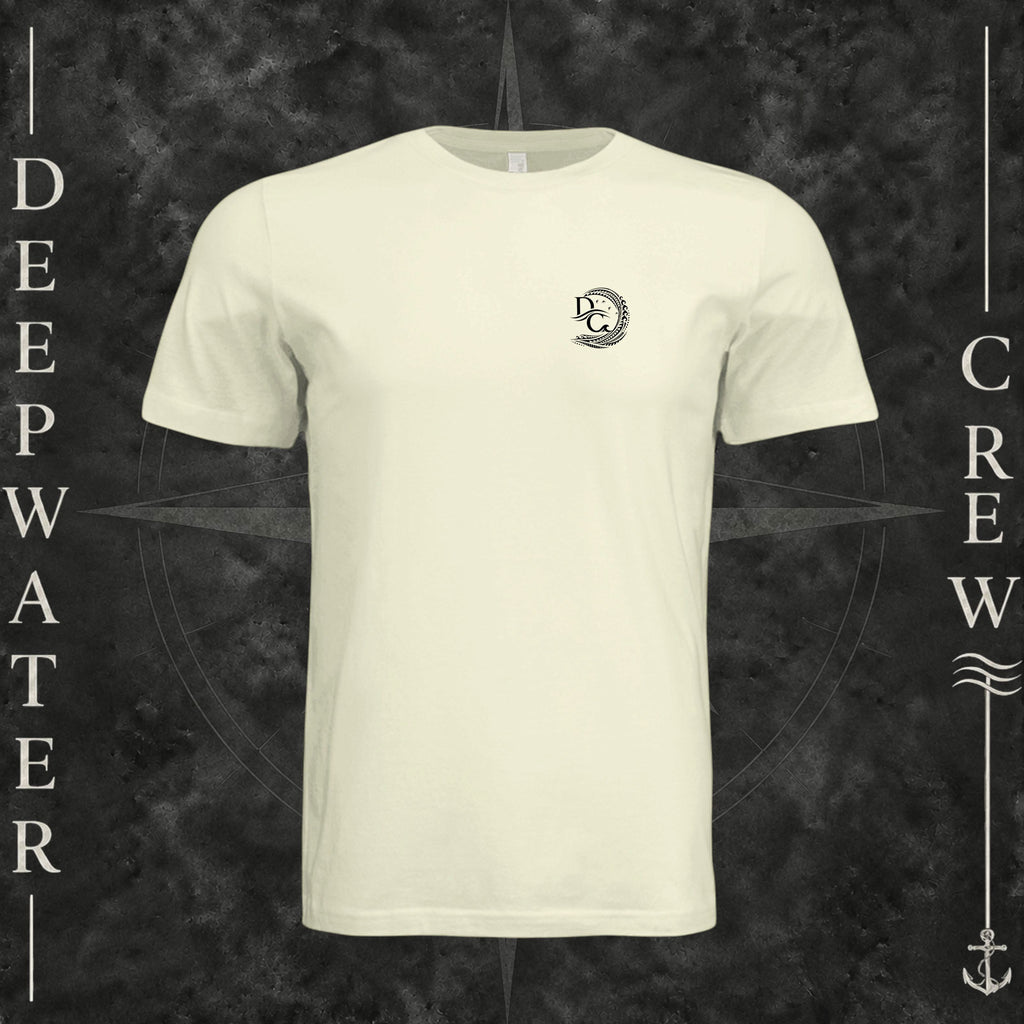 Natural Deepwater Crew Co. Deepwater Passage crewneck T-shirt, front view with small DC wave crest chest logo.