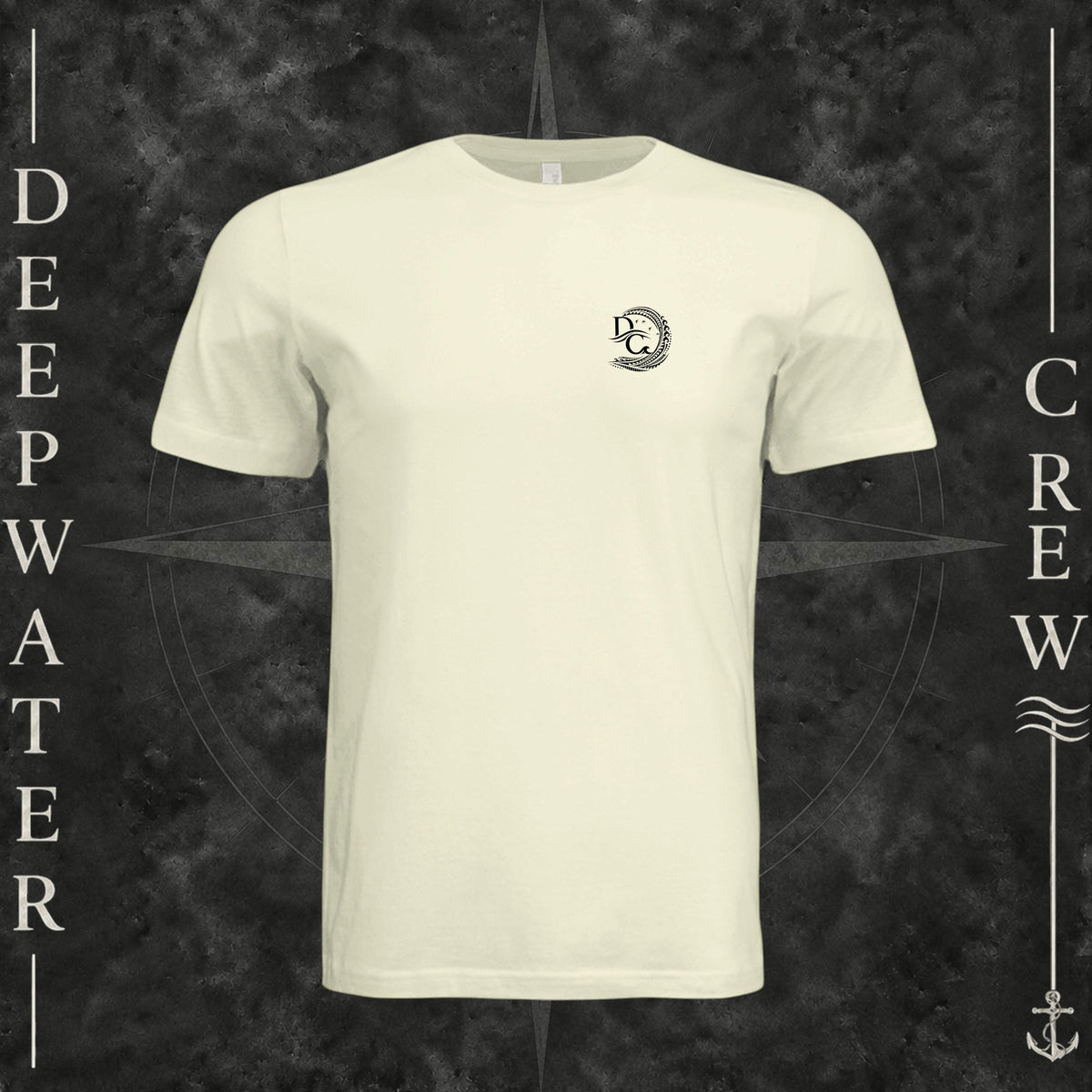 Natural Deepwater Crew Co. Deepwater Passage crewneck T-shirt, front view with small DC wave crest chest logo.