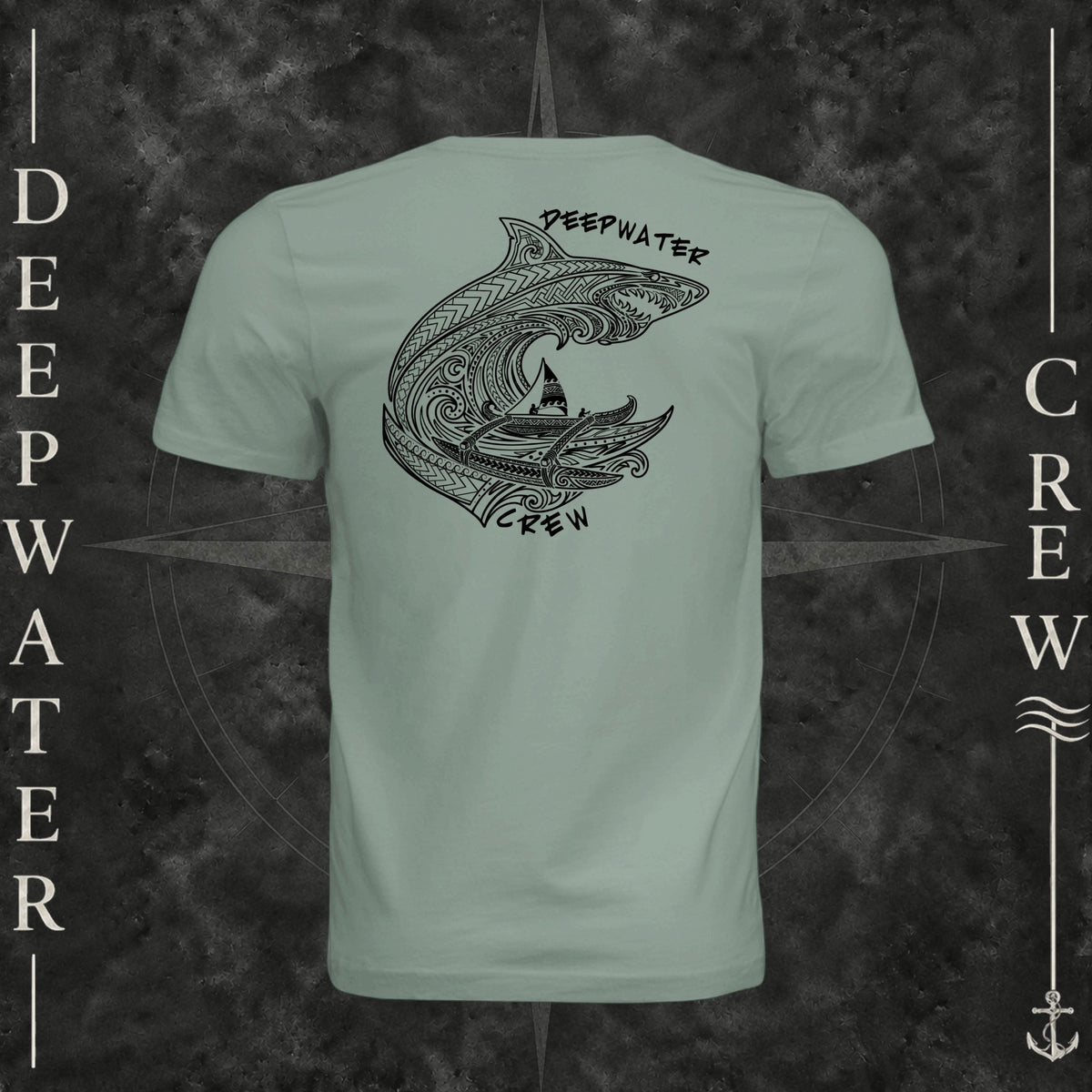 Sage Deepwater Crew Co. Deepwater Passage crewneck T-shirt, back view with large patterned shark, outrigger canoe and ocean wave graphic with Deepwater Crew lettering.
