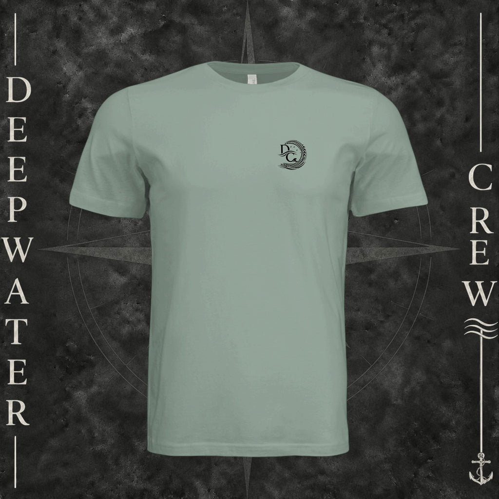 Sage Deepwater Crew Co. Deepwater Passage crewneck T-shirt, front view with small DC wave crest chest logo.