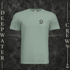 Sage Deepwater Crew Co. Deepwater Passage crewneck T-shirt, front view with small DC wave crest chest logo.