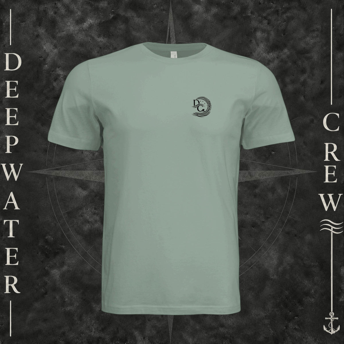 Sage Deepwater Crew Co. Deepwater Passage crewneck T-shirt, front view with small DC wave crest chest logo.