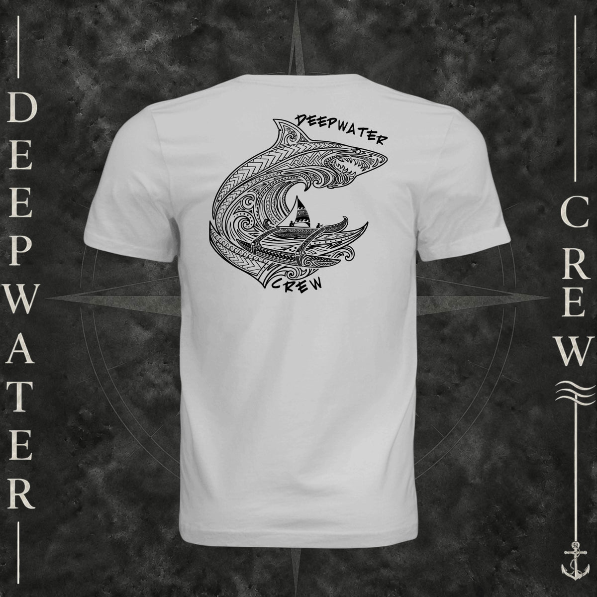 Silver Deepwater Crew Co. Deepwater Passage crewneck T-shirt, back view with large patterned shark, outrigger canoe and ocean wave graphic with Deepwater Crew lettering.