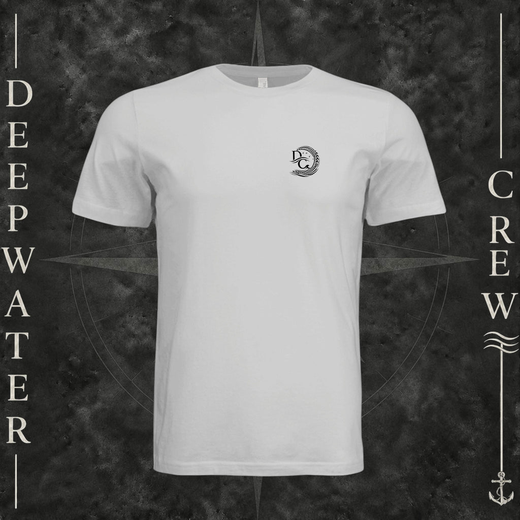 Silver Deepwater Crew Co. Deepwater Passage crewneck T-shirt, front view with small DC wave crest chest logo.