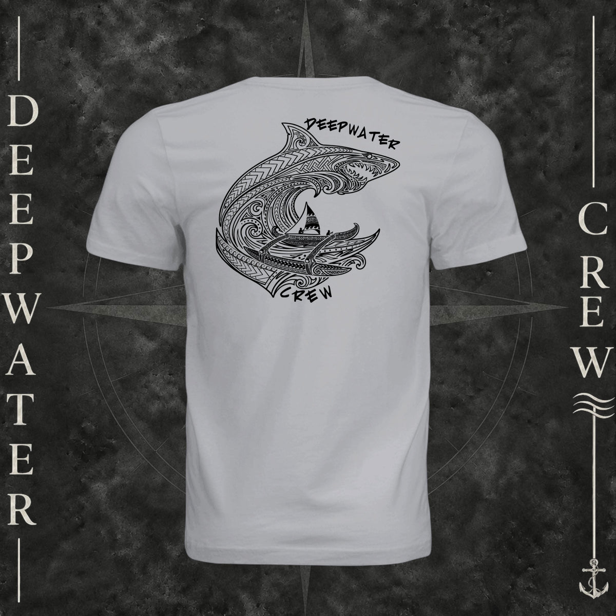 Solid Athletic Grey Deepwater Crew Co. Deepwater Passage crewneck T-shirt, back view with large patterned shark, outrigger canoe and ocean wave graphic with Deepwater Crew lettering.