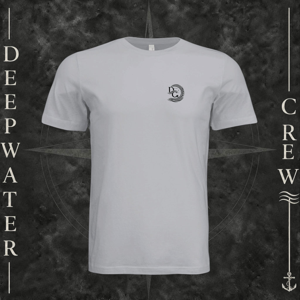 Solid Athletic Grey Deepwater Crew Co. Deepwater Passage crewneck T-shirt, front view with small DC wave crest chest logo.