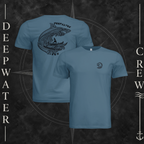 Steel Blue Deepwater Crew Co. Deepwater Passage crewneck T-shirt showing front and back views, with small DC wave chest logo and large ocean life, rolling wave, and outrigger canoe design with Deepwater Crew lettering.