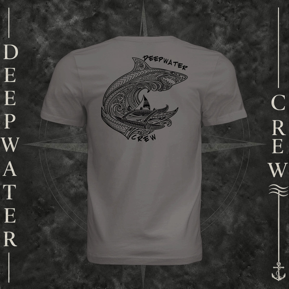 Storm Deepwater Crew Co. Deepwater Passage crewneck T-shirt, back view with large patterned shark, outrigger canoe and ocean wave graphic with Deepwater Crew lettering.