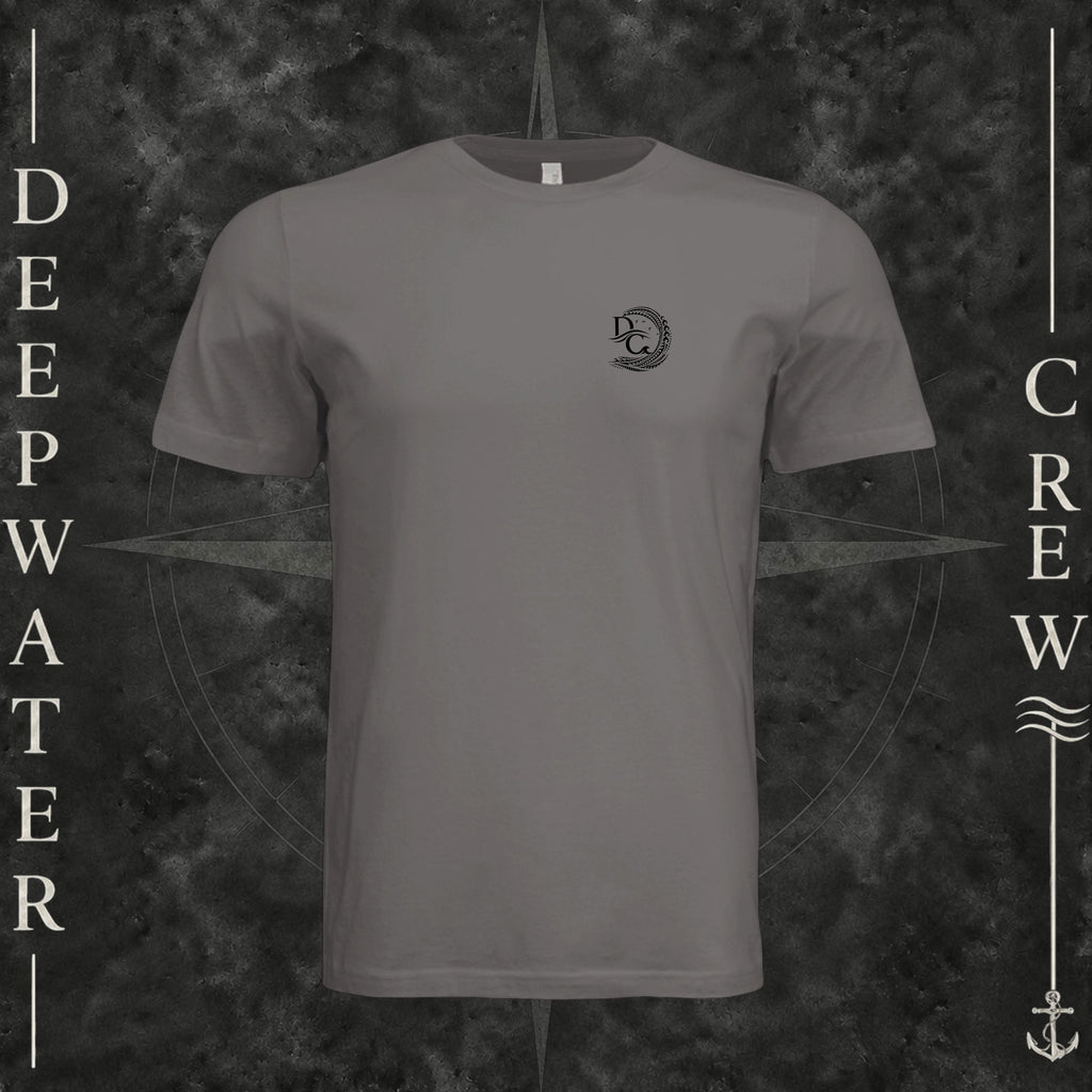 Storm Deepwater Crew Co. Deepwater Passage crewneck T-shirt, front view with small DC wave crest chest logo.
