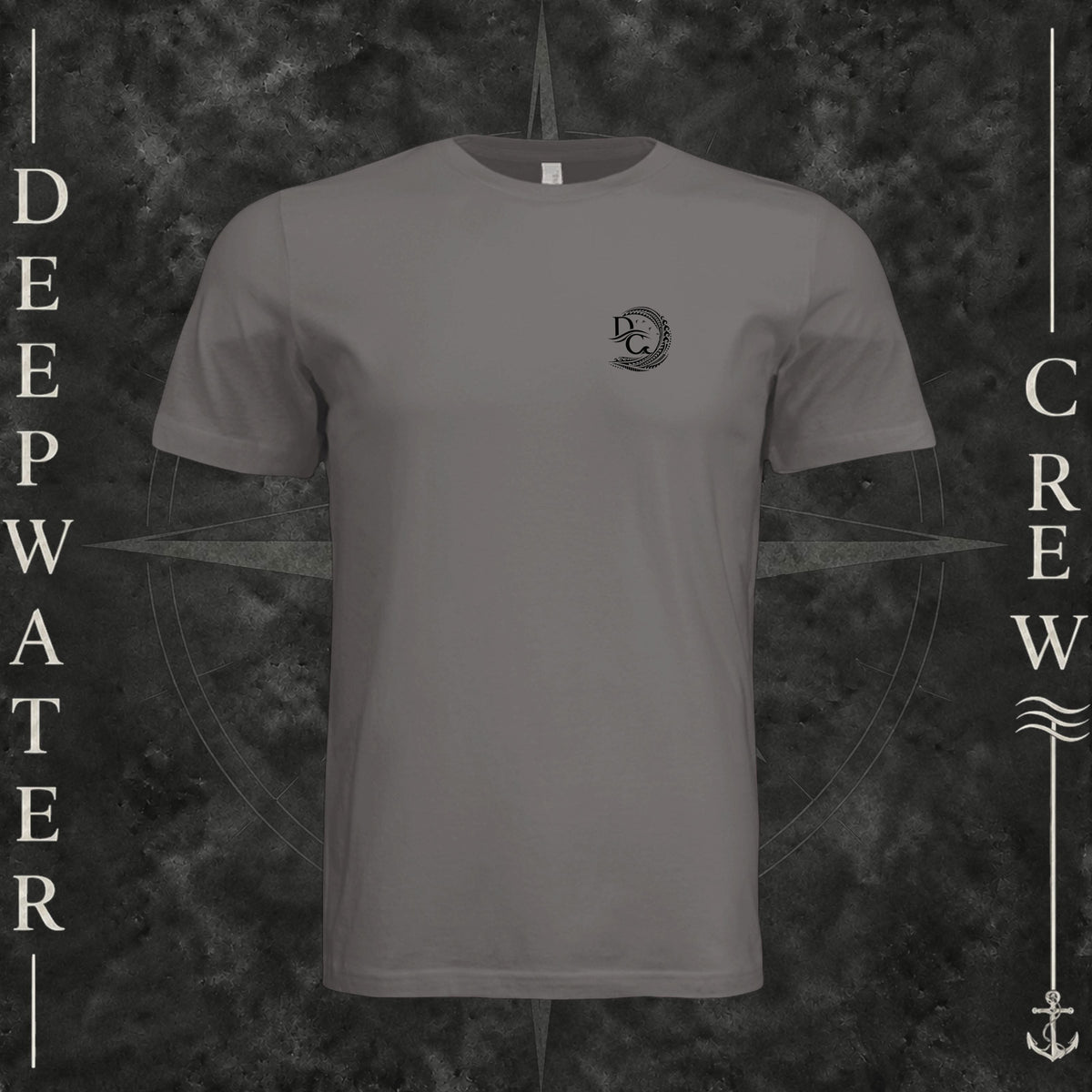 Storm Deepwater Crew Co. Deepwater Passage crewneck T-shirt, front view with small DC wave crest chest logo.