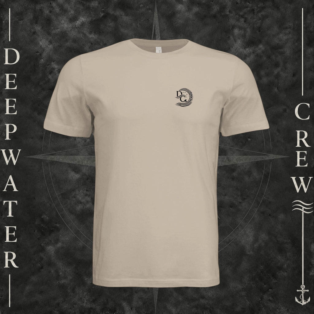 Tan Deepwater Crew Co. Deepwater Passage crewneck T-shirt, front view with small DC wave crest chest logo.