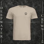 Tan Deepwater Crew Co. Deepwater Passage crewneck T-shirt, front view with small DC wave crest chest logo.