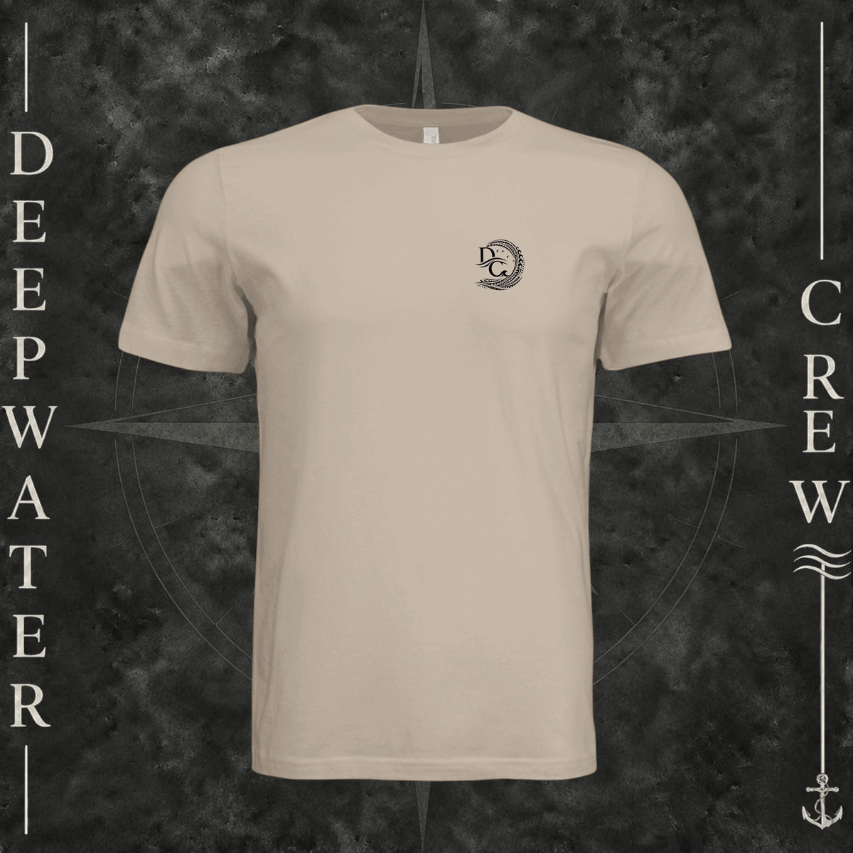 Tan Deepwater Crew Co. Deepwater Passage crewneck T-shirt, front view with small DC wave crest chest logo.