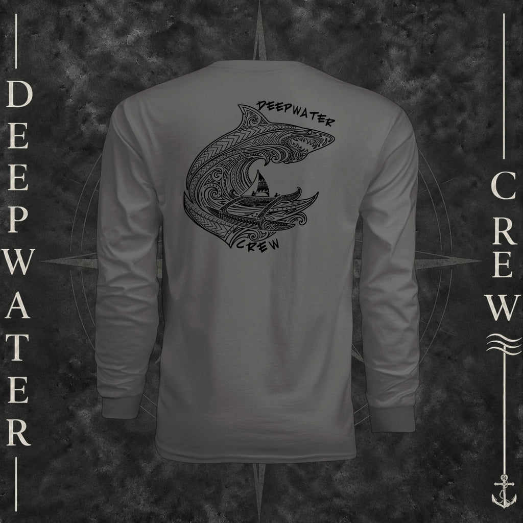 Graphite Deepwater Crew Co. Deepwater Passage UPF 44+ long-sleeve performance shirt, back view with large patterned shark, outrigger canoe and ocean wave graphic with Deepwater Crew lettering.
