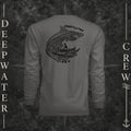 Graphite Deepwater Crew Co. Deepwater Passage UPF 44+ long-sleeve performance shirt, back view with large patterned shark, outrigger canoe and ocean wave graphic with Deepwater Crew lettering.