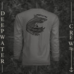 Graphite Deepwater Crew Co. Deepwater Passage UPF 44+ long-sleeve performance shirt, back view with large patterned shark, outrigger canoe and ocean wave graphic with Deepwater Crew lettering.