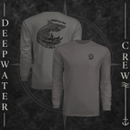 Graphite Deepwater Crew Co. Deepwater Passage UPF 44+ long-sleeve performance shirt showing front and back views, with small DC wave chest logo and large ocean life, rolling wave, and outrigger canoe design with Deepwater Crew lettering.