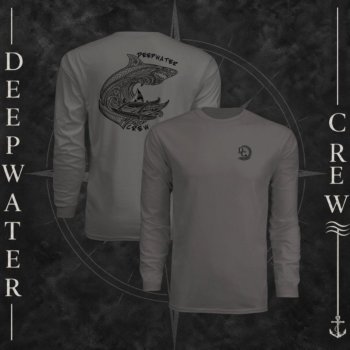 Graphite Deepwater Crew Co. Deepwater Passage UPF 44+ long-sleeve performance shirt showing front and back views, with small DC wave chest logo and large ocean life, rolling wave, and outrigger canoe design with Deepwater Crew lettering.