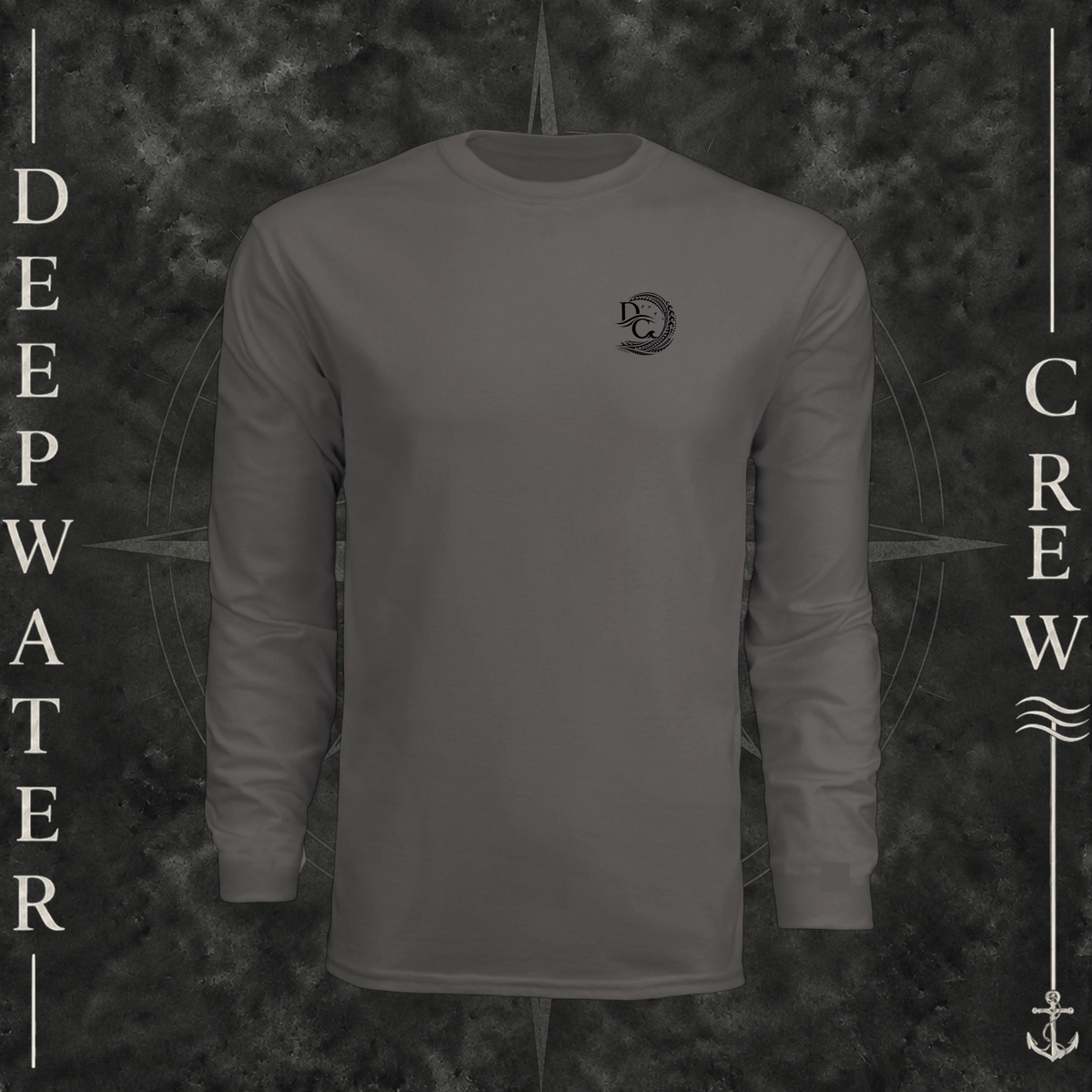 Graphite Deepwater Crew Co. Deepwater Passage UPF 44+ long-sleeve performance shirt, front view with small DC wave crest chest logo.