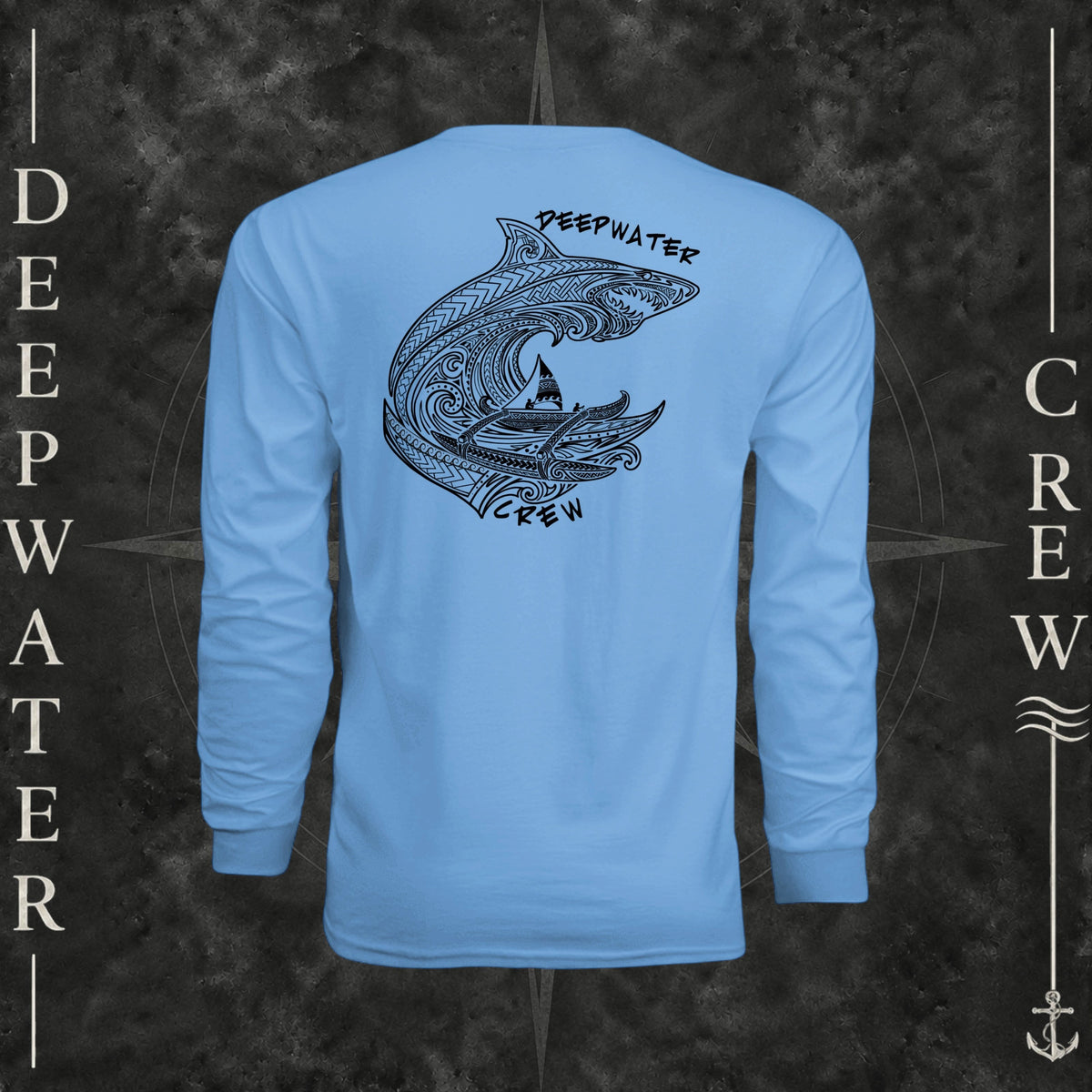 Light Blue Deepwater Crew Co. Deepwater Passage UPF 44+ long-sleeve performance shirt, back view with large patterned shark, outrigger canoe and ocean wave graphic with Deepwater Crew lettering.