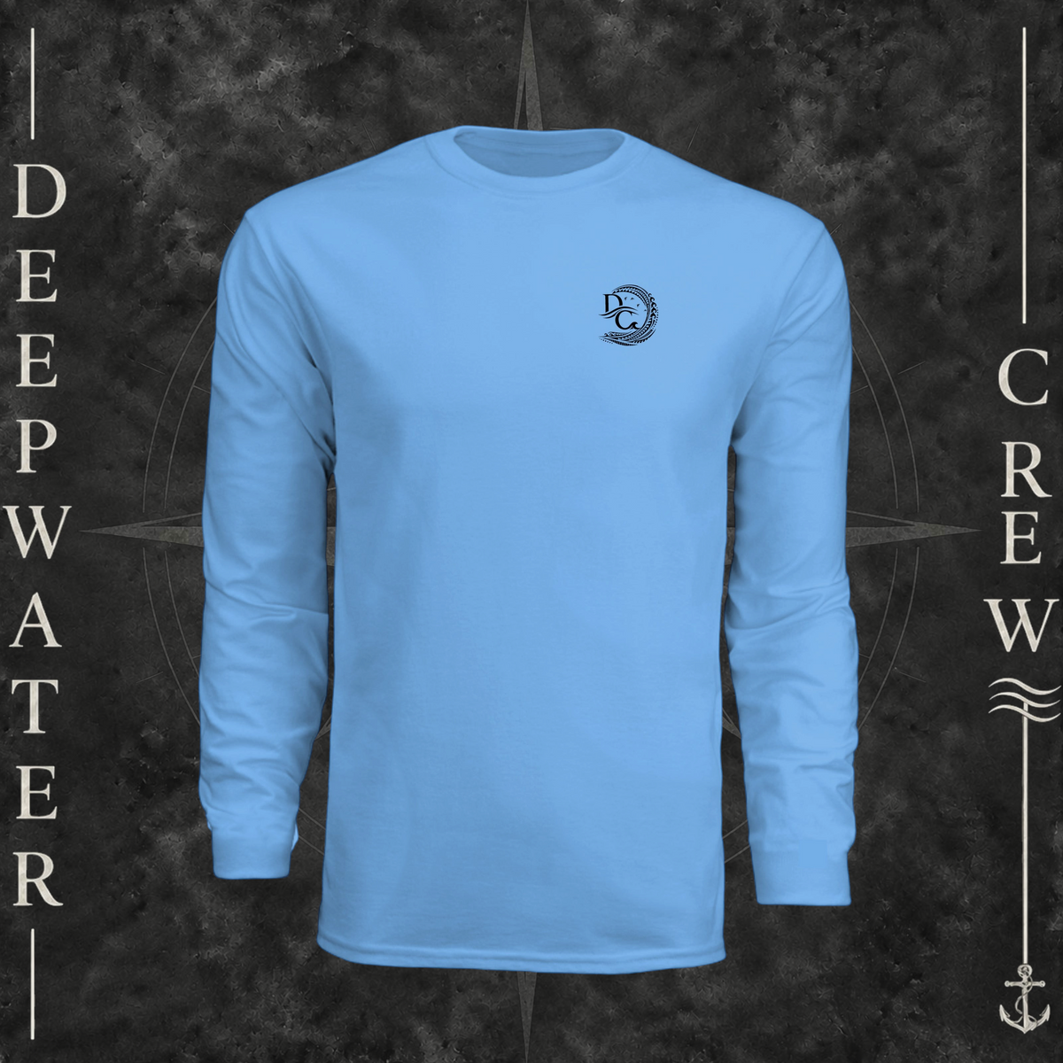 Light Blue Deepwater Crew Co. Deepwater Passage UPF 44+ long-sleeve performance shirt, front view with small DC wave crest chest logo.