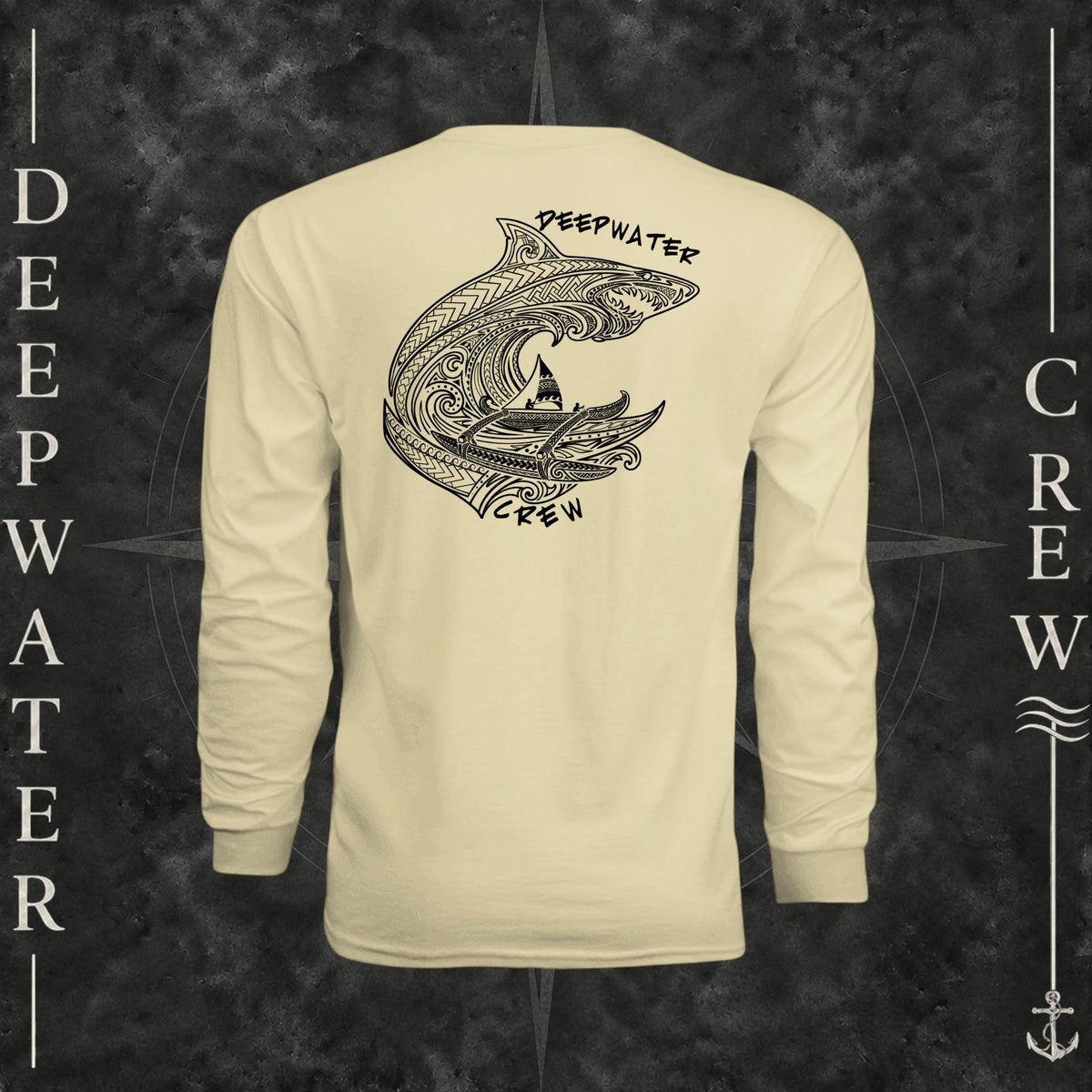 Light Yellow Deepwater Crew Co. Deepwater Passage UPF 44+ long-sleeve performance shirt, back view with large patterned shark, outrigger canoe and ocean wave graphic with Deepwater Crew lettering.