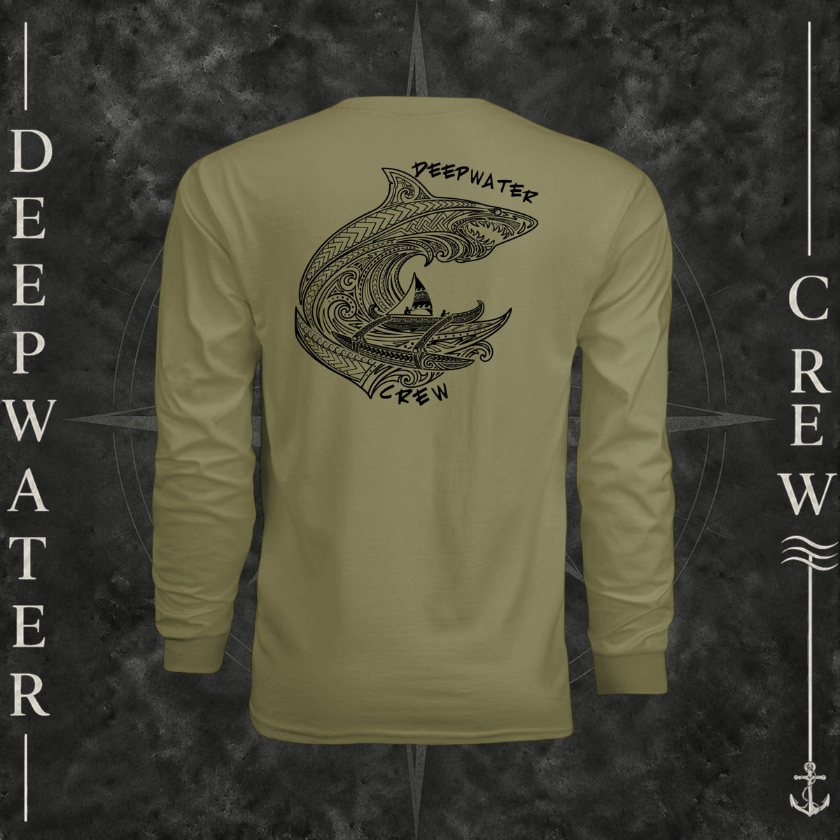 Olive Deepwater Crew Co. Deepwater Passage UPF 44+ long-sleeve performance shirt, back view with large patterned shark, outrigger canoe and ocean wave graphic with Deepwater Crew lettering.