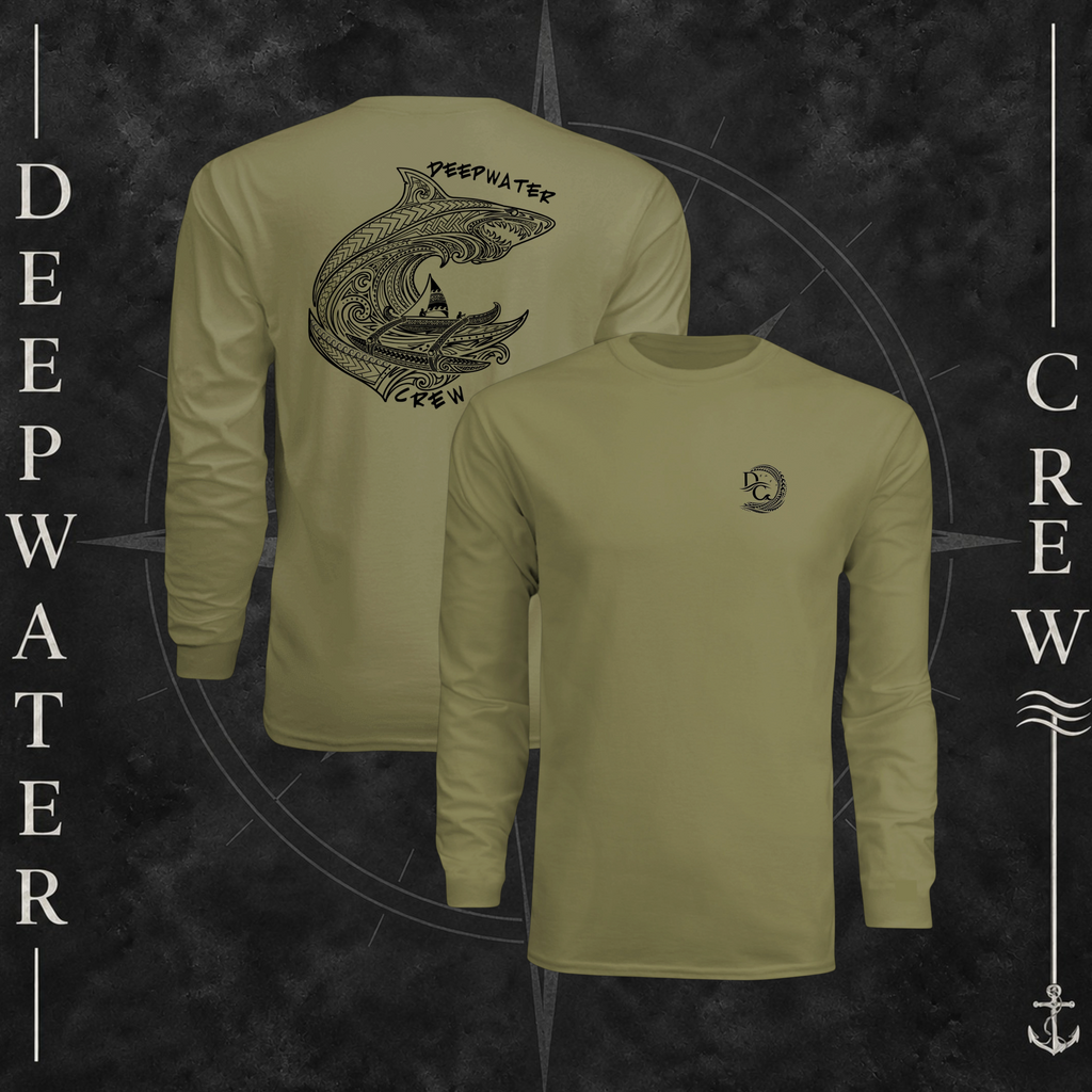 Olive Deepwater Crew Co. Deepwater Passage UPF 44+ long-sleeve performance shirt showing front and back views, with small DC wave chest logo and large ocean life, rolling wave, and outrigger canoe design with Deepwater Crew lettering.