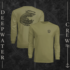 Olive Deepwater Crew Co. Deepwater Passage UPF 44+ long-sleeve performance shirt showing front and back views, with small DC wave chest logo and large ocean life, rolling wave, and outrigger canoe design with Deepwater Crew lettering.