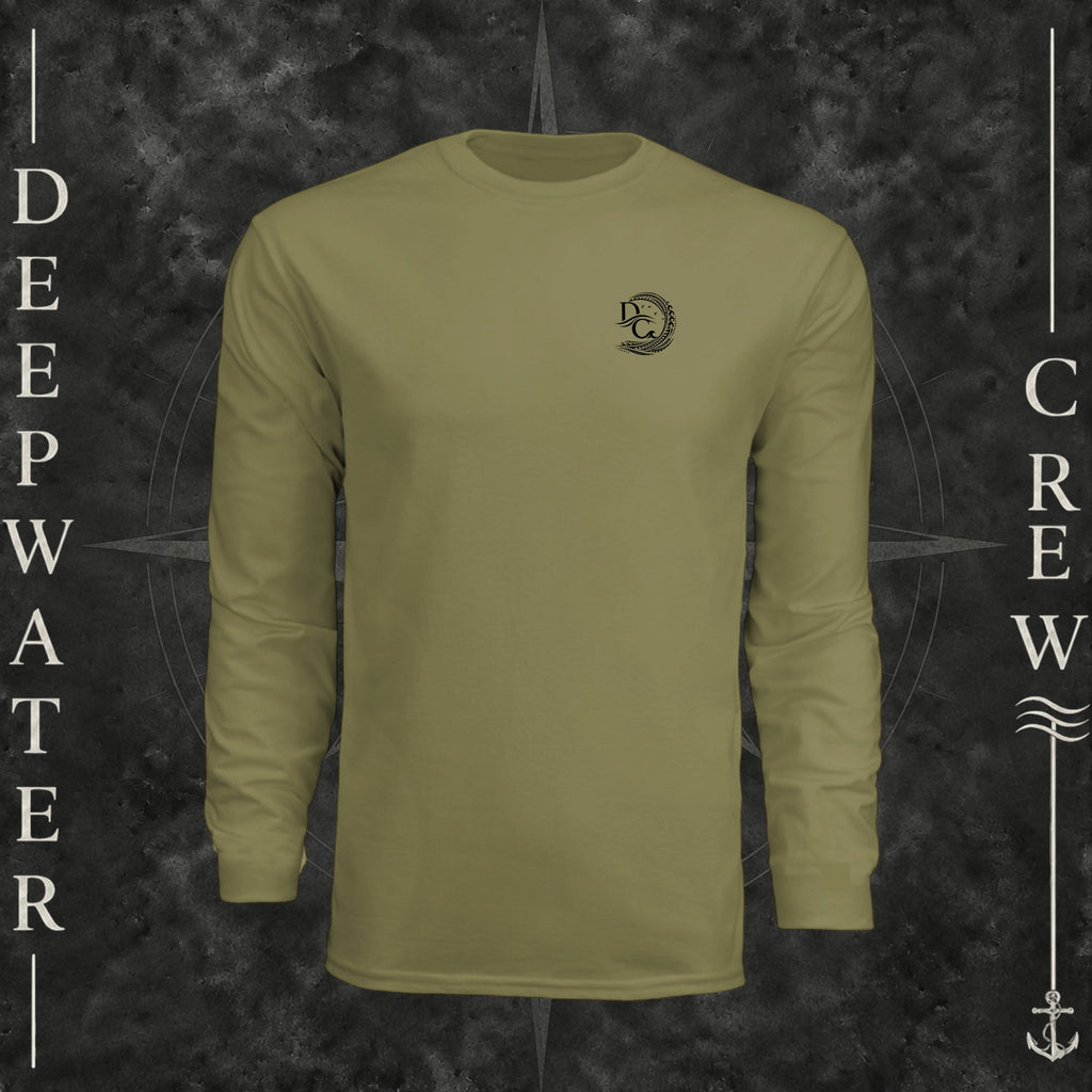 Olive Deepwater Crew Co. Deepwater Passage UPF 44+ long-sleeve performance shirt, front view with small DC wave crest chest logo.