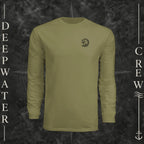 Olive Deepwater Crew Co. Deepwater Passage UPF 44+ long-sleeve performance shirt, front view with small DC wave crest chest logo.