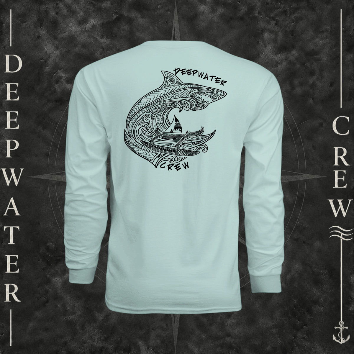 Pastel Mint Deepwater Crew Co. Deepwater Passage UPF 44+ long-sleeve performance shirt, back view with large patterned shark, outrigger canoe and ocean wave graphic with Deepwater Crew lettering.