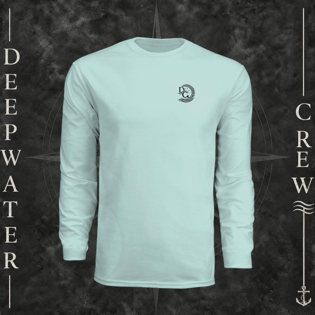 Pastel Mint Deepwater Crew Co. Deepwater Passage UPF 44+ long-sleeve performance shirt, front view with small DC wave crest chest logo.