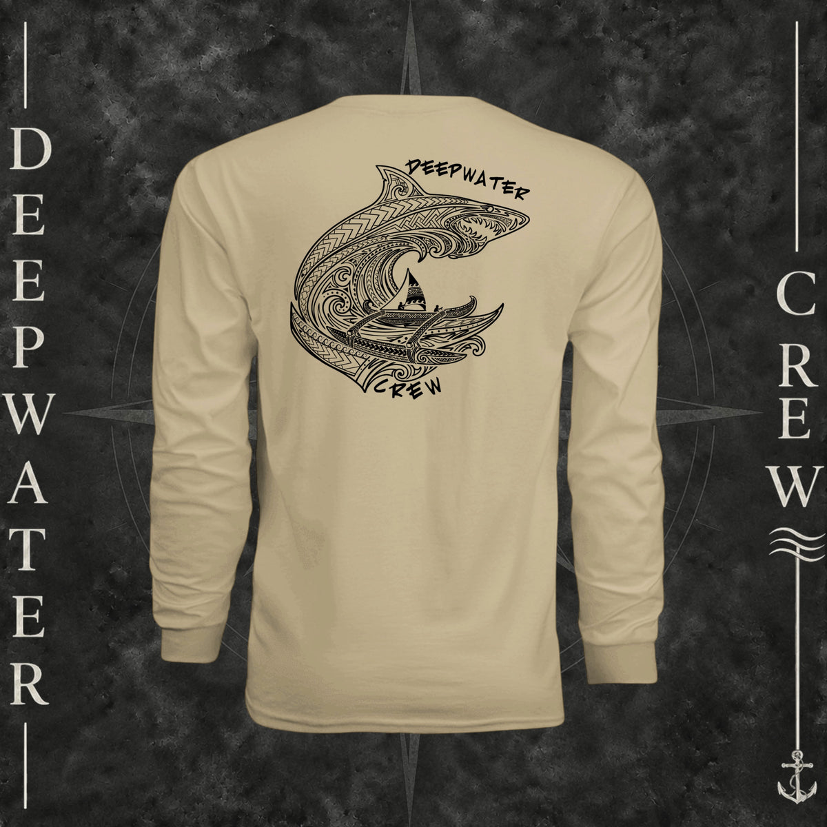 Sand Deepwater Crew Co. Deepwater Passage UPF 44+ long-sleeve performance shirt, back view with large patterned shark, outrigger canoe and ocean wave graphic with Deepwater Crew lettering.
