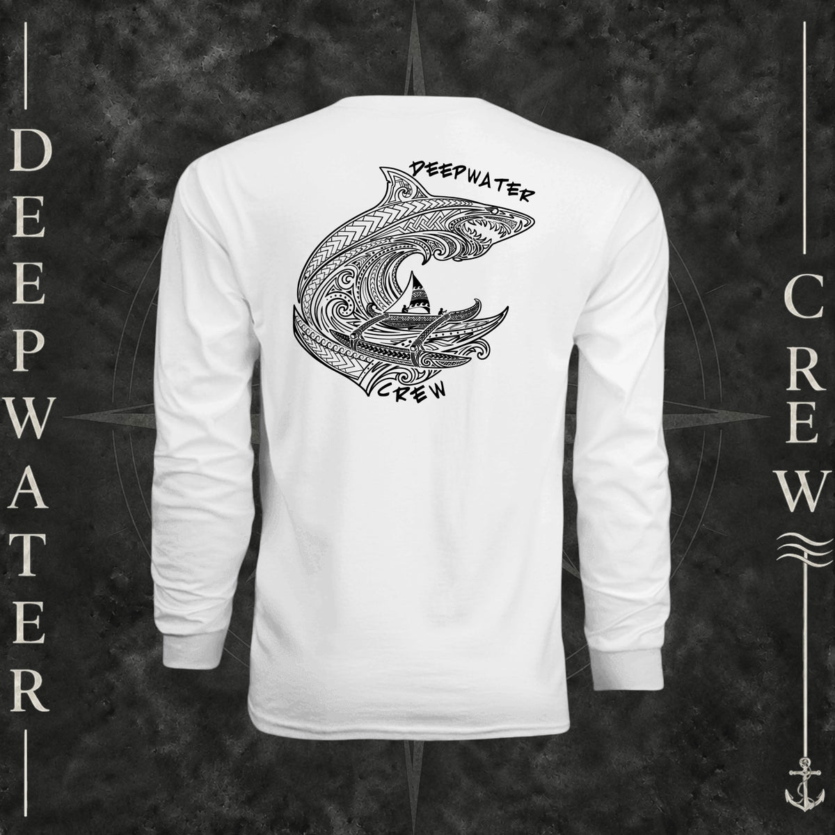 White Deepwater Crew Co. Deepwater Passage UPF 44+ long-sleeve performance shirt, back view with large patterned shark, outrigger canoe and ocean wave graphic with Deepwater Crew lettering.