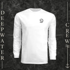 White Deepwater Crew Co. Deepwater Passage UPF 44+ long-sleeve performance shirt, front view with small DC wave crest chest logo.
