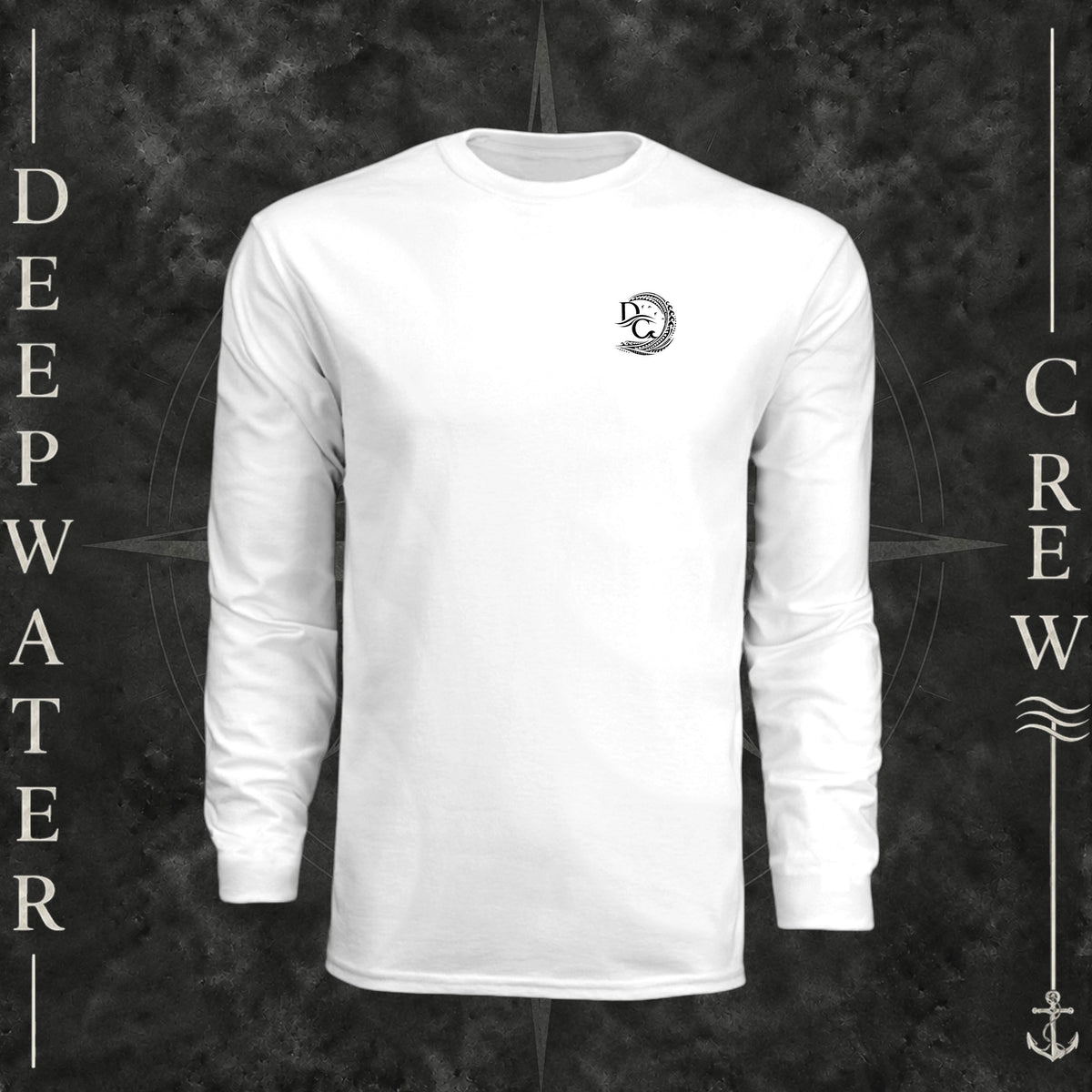 White Deepwater Crew Co. Deepwater Passage UPF 44+ long-sleeve performance shirt, front view with small DC wave crest chest logo.