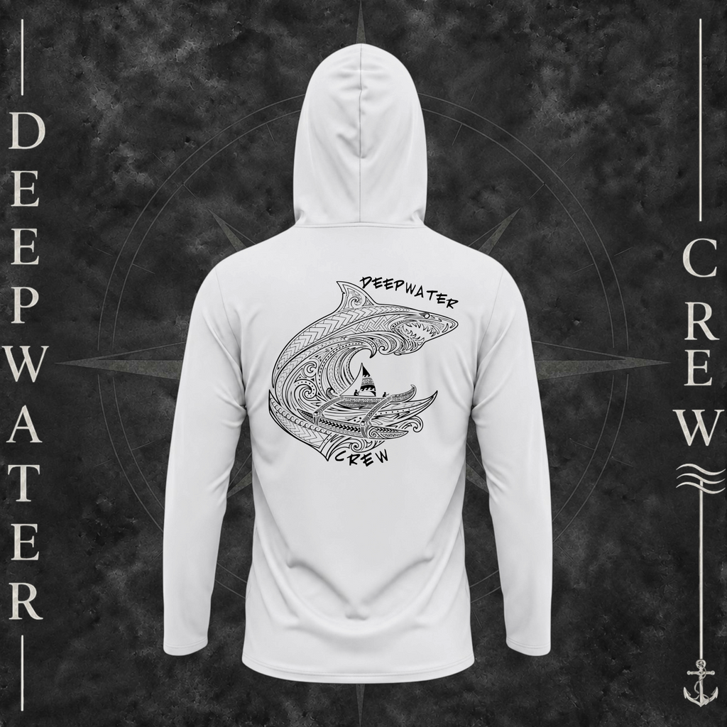 Aluminum Deepwater Crew Co. Deepwater Passage UPF 50+ performance hoodie, back view with large patterned shark, outrigger canoe and ocean wave graphic with Deepwater Crew lettering.