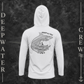 Aluminum Deepwater Crew Co. Deepwater Passage UPF 50+ performance hoodie, back view with large patterned shark, outrigger canoe and ocean wave graphic with Deepwater Crew lettering.