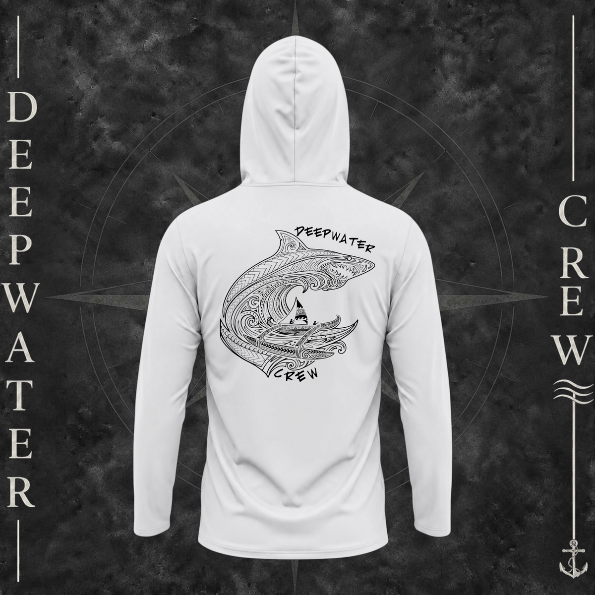 Aluminum Deepwater Crew Co. Deepwater Passage UPF 50+ performance hoodie, back view with large patterned shark, outrigger canoe and ocean wave graphic with Deepwater Crew lettering.
