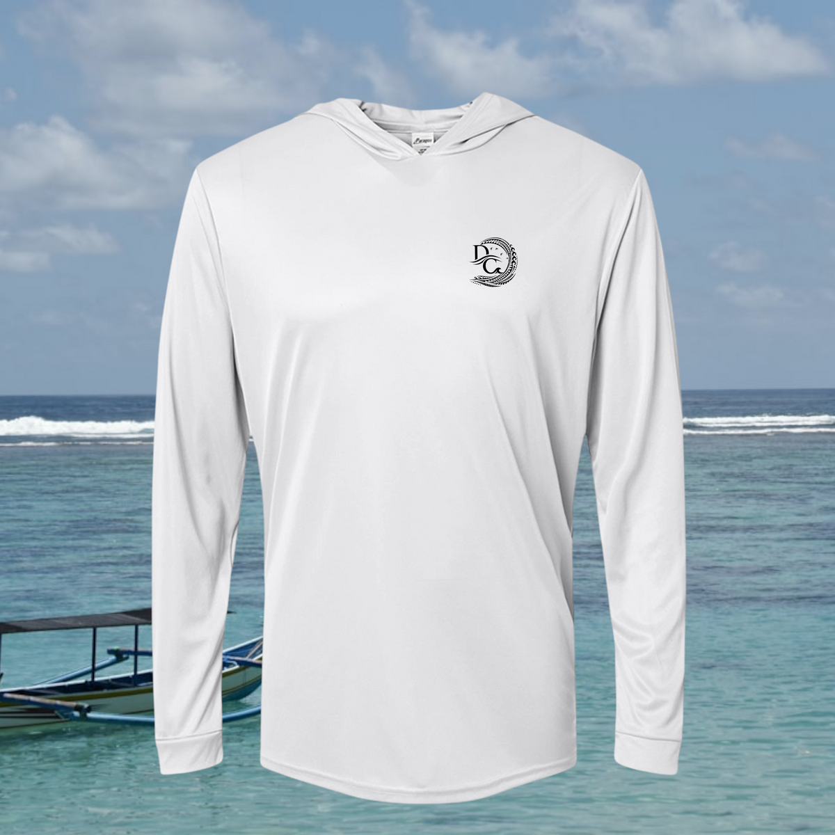 Aluminum Deepwater Crew Co. Deepwater Passage UPF 50+ performance hoodie, front view with small DC wave crest chest logo. With Ocean, reef, and a outrigger canoe in the background.