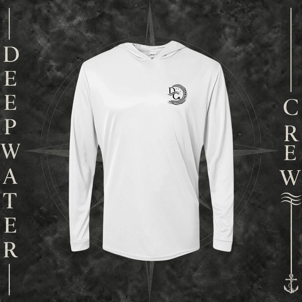 Aluminum Deepwater Crew Co. Deepwater Passage UPF 50+ performance hoodie, front view with small DC wave crest chest logo.