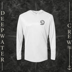 Aluminum Deepwater Crew Co. Deepwater Passage UPF 50+ performance hoodie, front view with small DC wave crest chest logo.