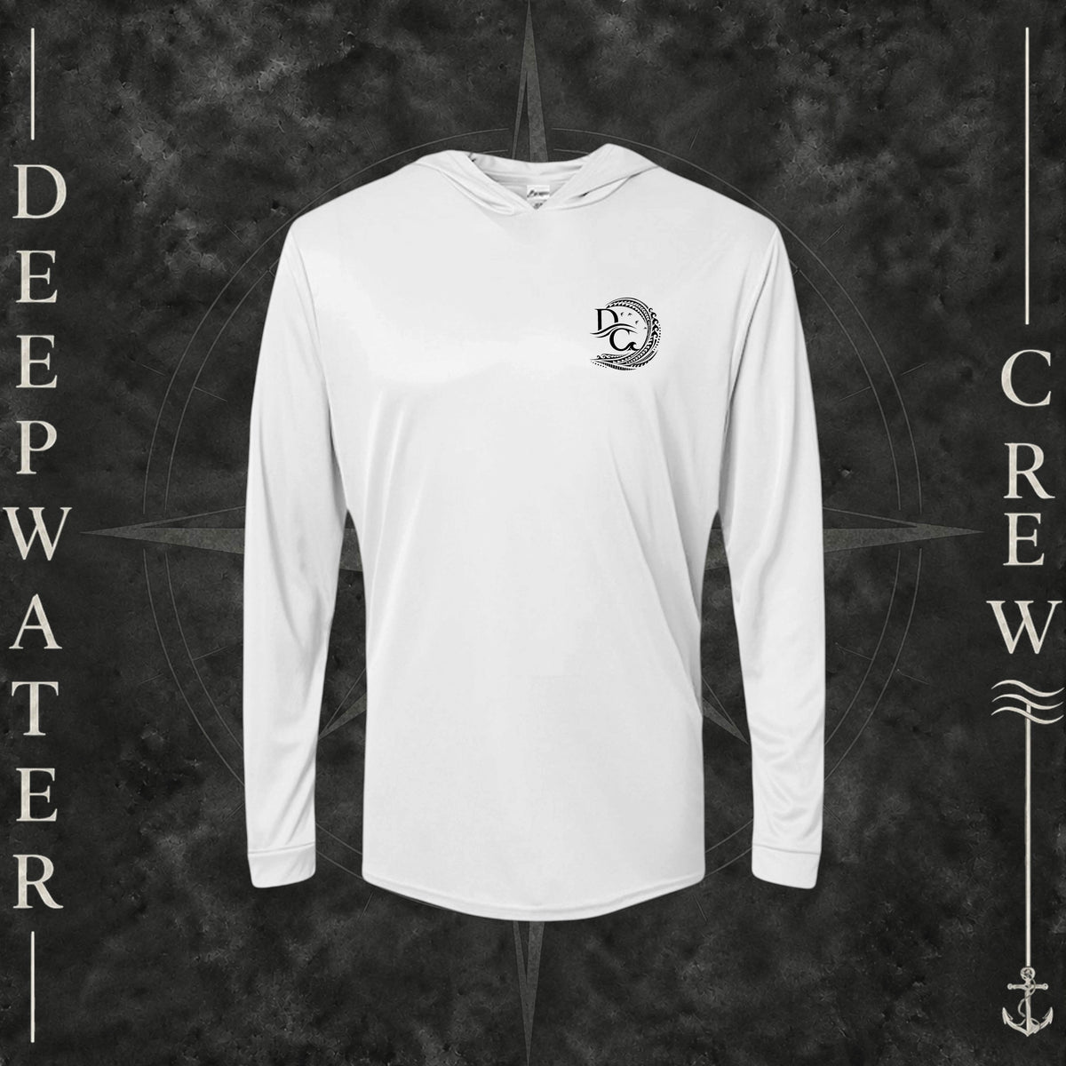 Aluminum Deepwater Crew Co. Deepwater Passage UPF 50+ performance hoodie, front view with small DC wave crest chest logo.