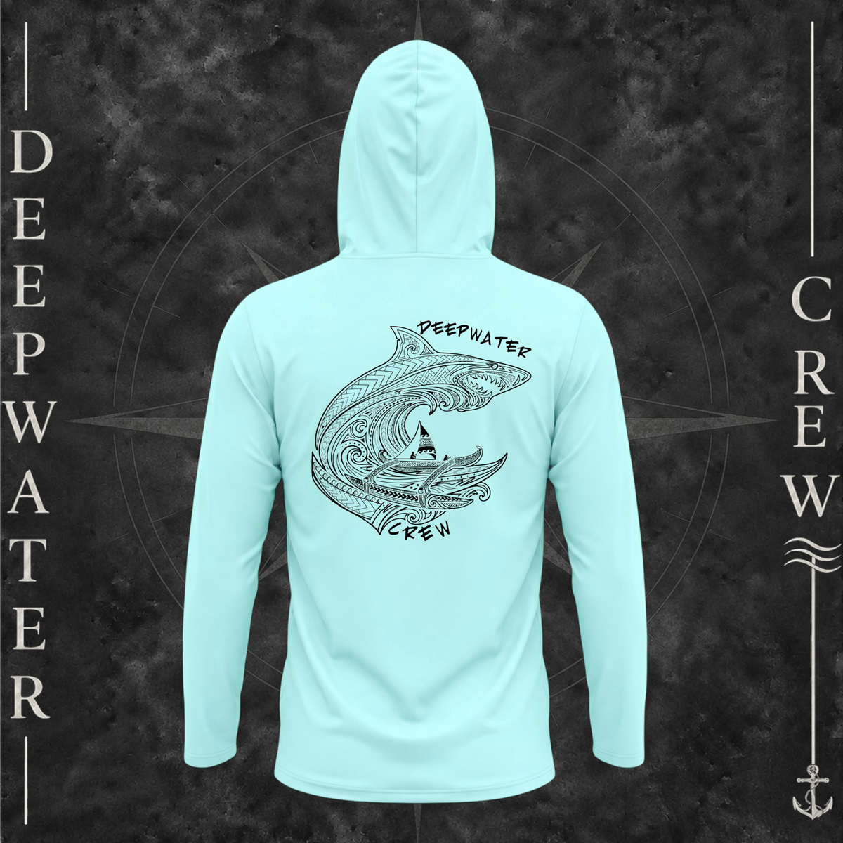 Aqua Blue Deepwater Crew Co. Deepwater Passage UPF 50+ performance hoodie, back view with large patterned shark, outrigger canoe and ocean wave graphic with Deepwater Crew lettering.