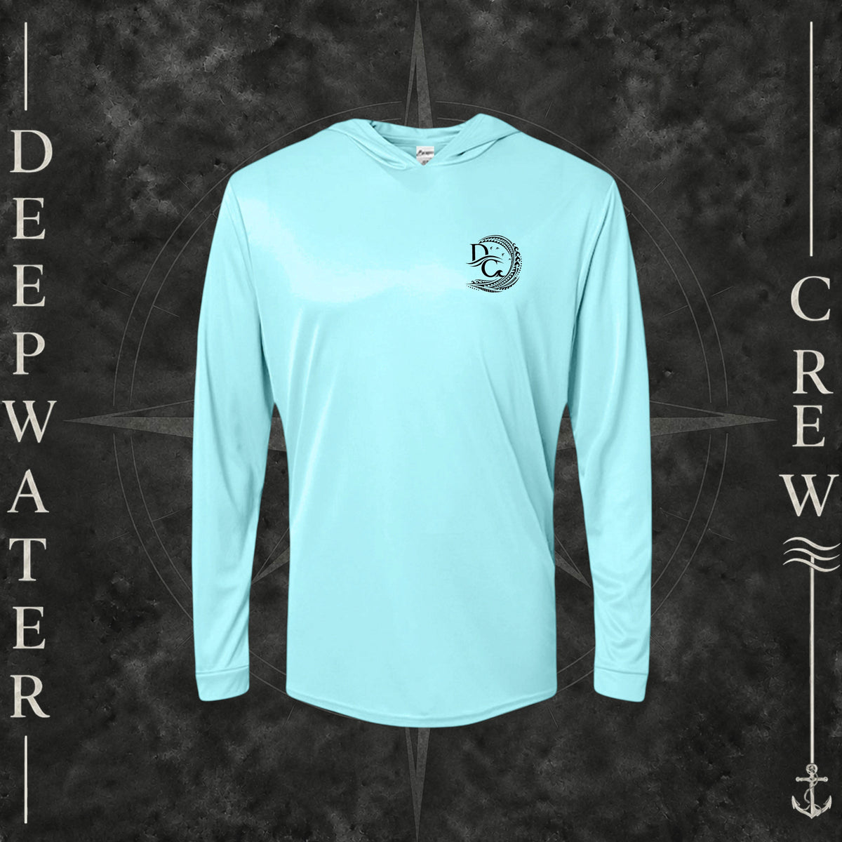 Aqua Blue Deepwater Crew Co. Deepwater Passage UPF 50+ performance hoodie, front view with small DC wave crest chest logo.