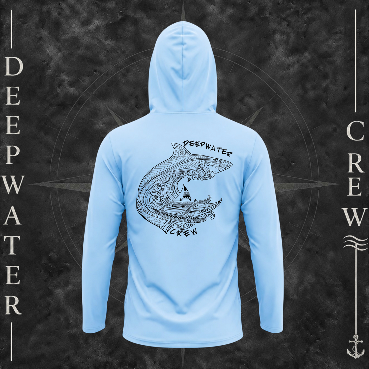Blue Mist Deepwater Crew Co. Deepwater Passage UPF 50+ performance hoodie, back view with large patterned shark, outrigger canoe and ocean wave graphic with Deepwater Crew lettering.