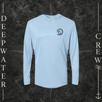 Blue Mist Deepwater Crew Co. Deepwater Passage UPF 50+ performance hoodie, front view with small DC wave crest chest logo.