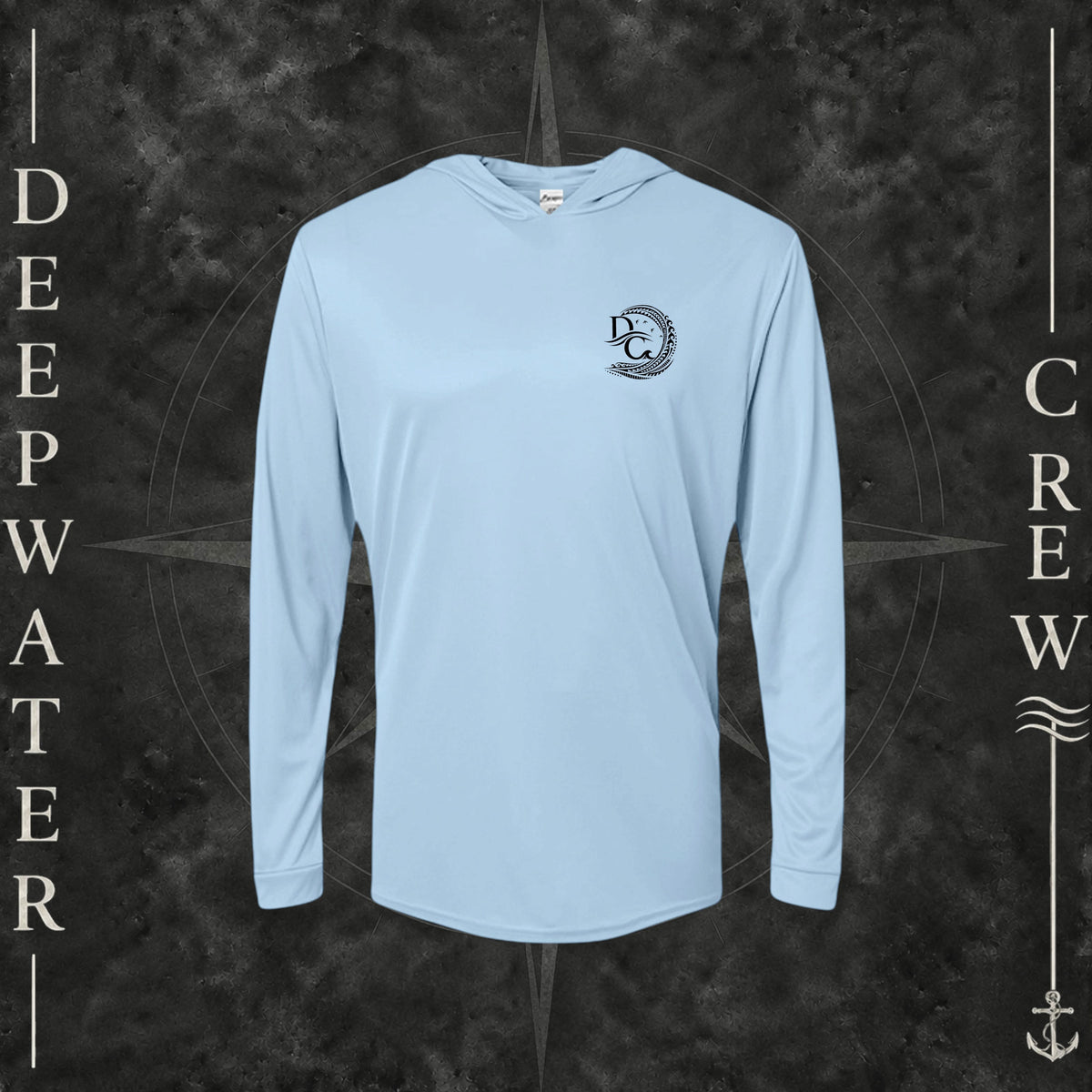 Blue Mist Deepwater Crew Co. Deepwater Passage UPF 50+ performance hoodie, front view with small DC wave crest chest logo.